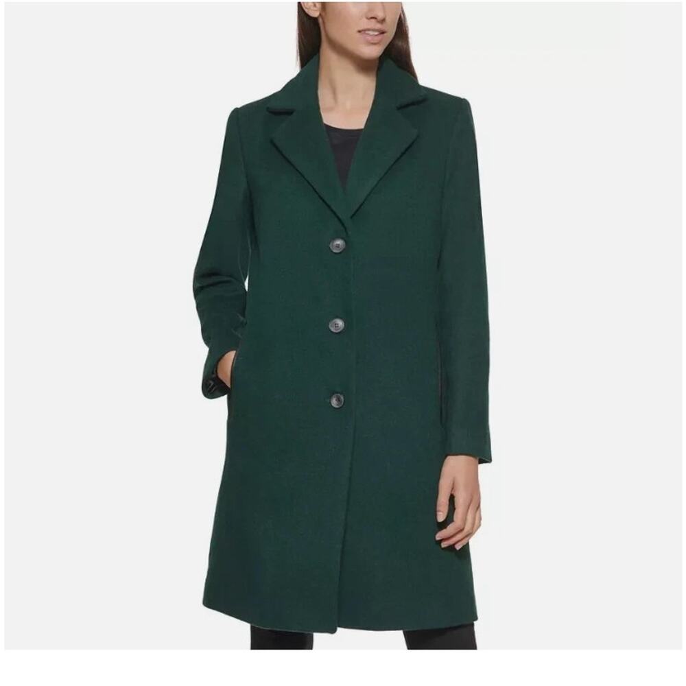 DKNY Dark Green Wool Blend Pea Coat